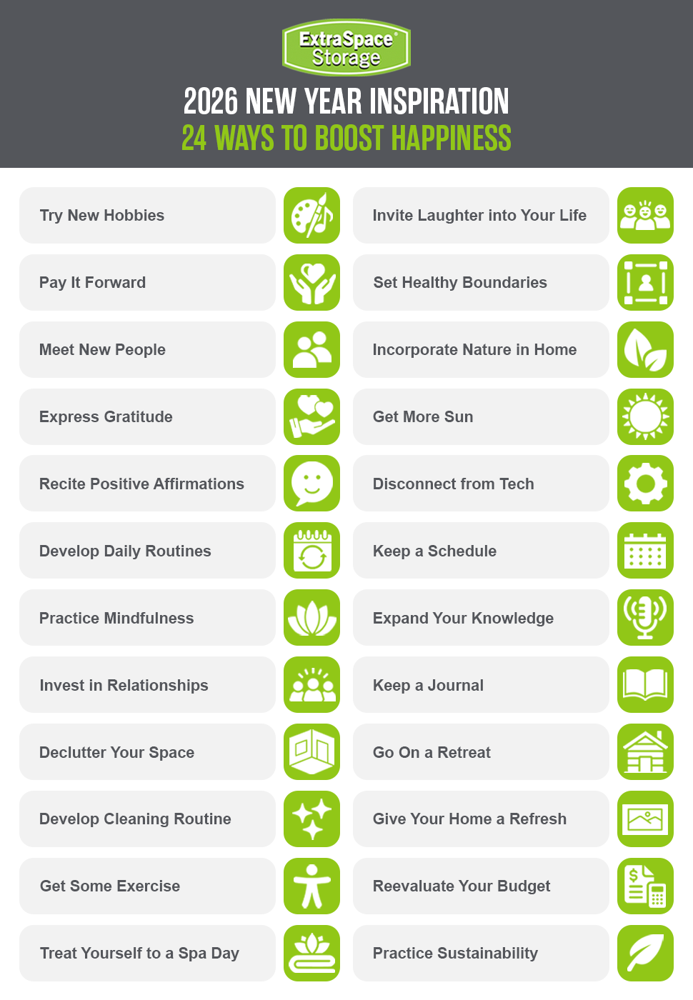 2026 NEW VEAR INSPIRATION 24 WAYS TO BOOST HAPPINESS Try New Hobbies Invite Laughter into Your Life Pay It Forward Set Healthy Boundaries Meet New People Incorporate Nature in Home Express Gratitude Get More Sun Recite Positive Affirmations Disconnect from Tech NOvO Develop Daily Routines Keep a Schedule Practice Mindfulness Expand Your Knowledge Invest in Relationships Keep a Journal Declutter Your Space Go On a Retreat Develop Cleaning Routine Give Your Home a Refresh Get Some Exercise Reevaluate Your Budget Treat Yourself to a Spa Day Practice Sustainability