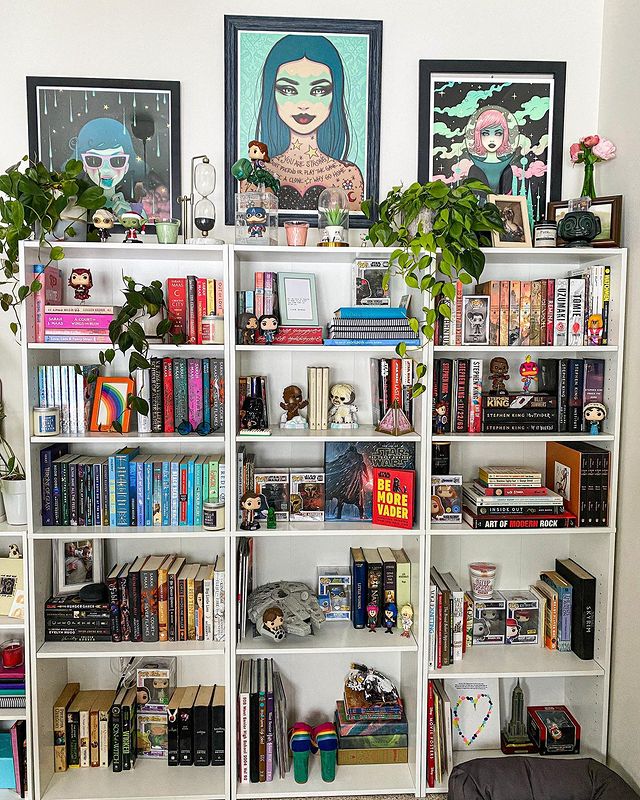 View of book shelves filled with collectables and books