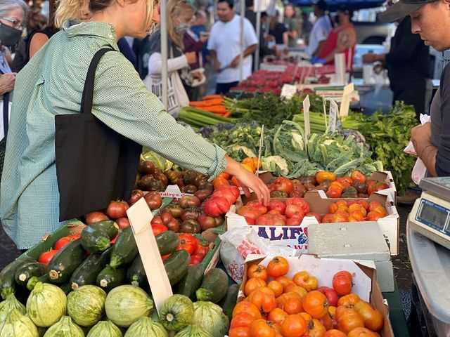 Women at farmers market choosing between tomatoes, zuccini, and other vegetables. Photo by Instagram user @downtonwslo