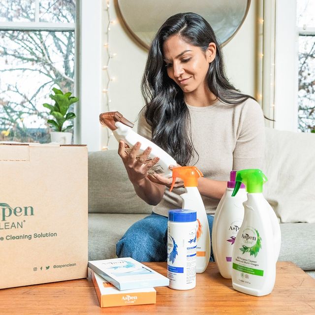 Women holding cleaning products in a home. Photo by Instagram user @aspenclean