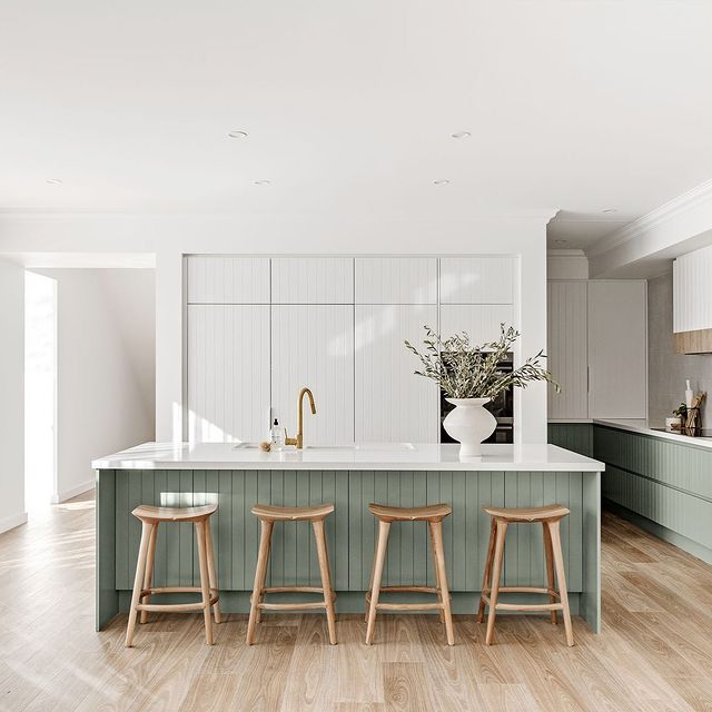 Bright, open kitchen interior with vinyl wood-look flooring. Photo by Instagram user @oakandorange.