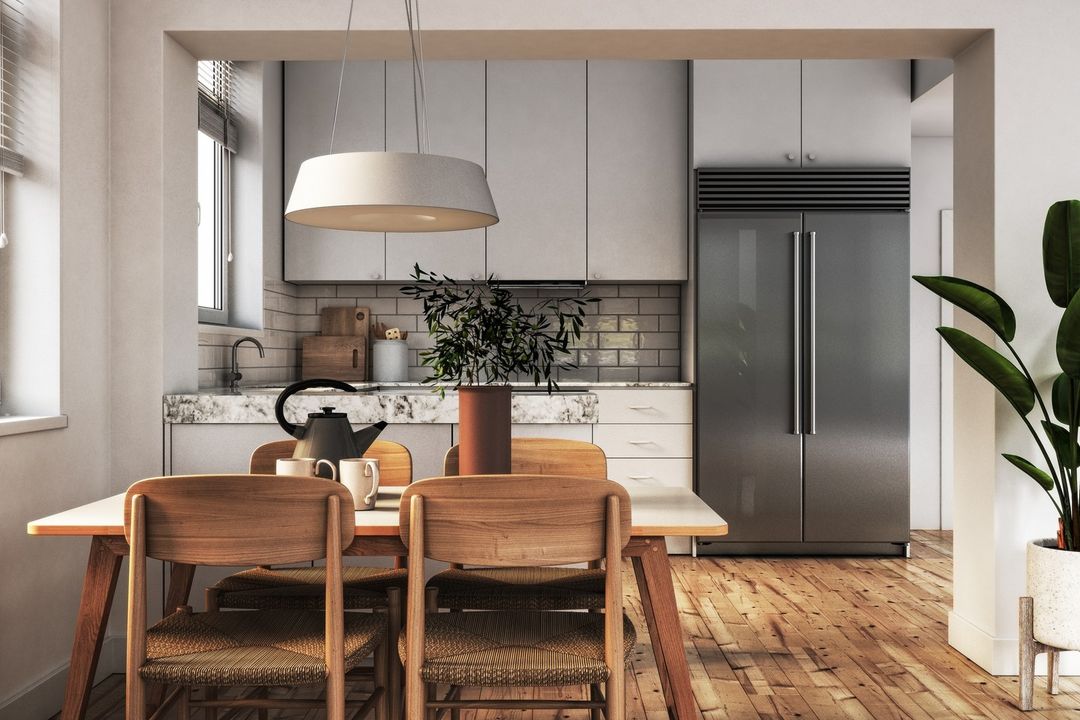 Kitchen with energy-efficient heated flooring. Photo by Instagram user @step_heat.