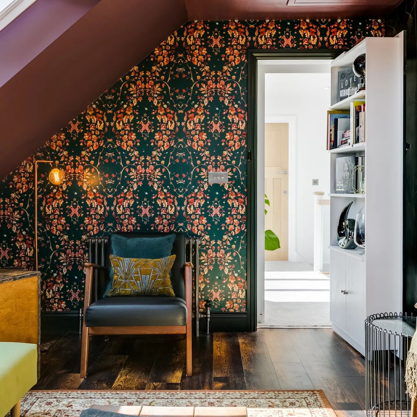 Interior view of hidden room accessible by bookshelf