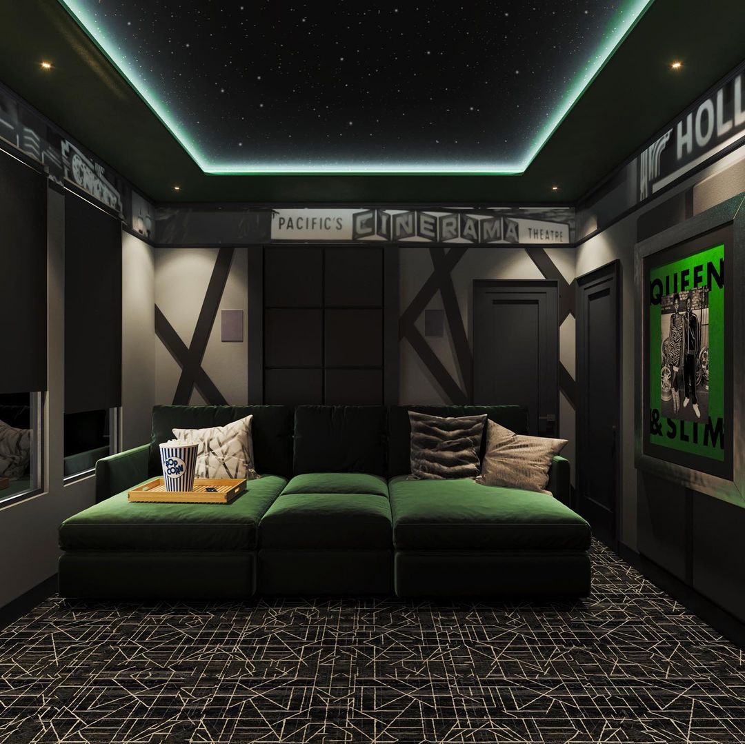 dark theater room with green lights. Photo by instagram user @pierrejeanbaptisteinteriors