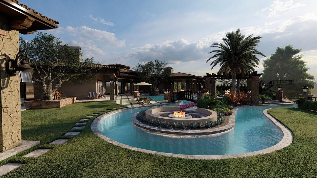 backyard pool with lazy river and a built in fire pit. Photo via Instagram user @fratantoni_design