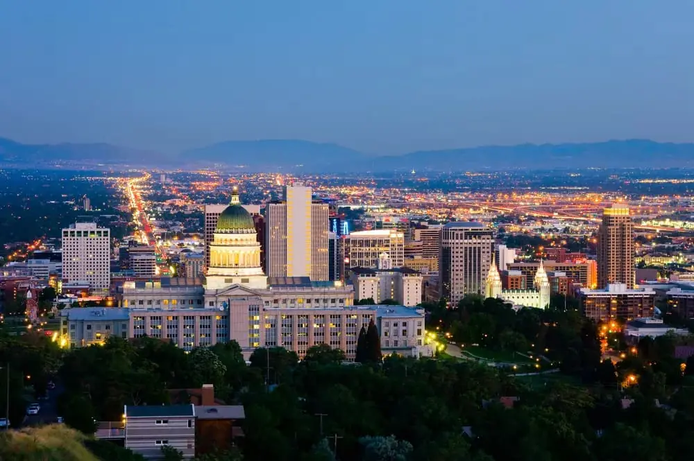 Aerial view Salt Lake City sky line at sunset
