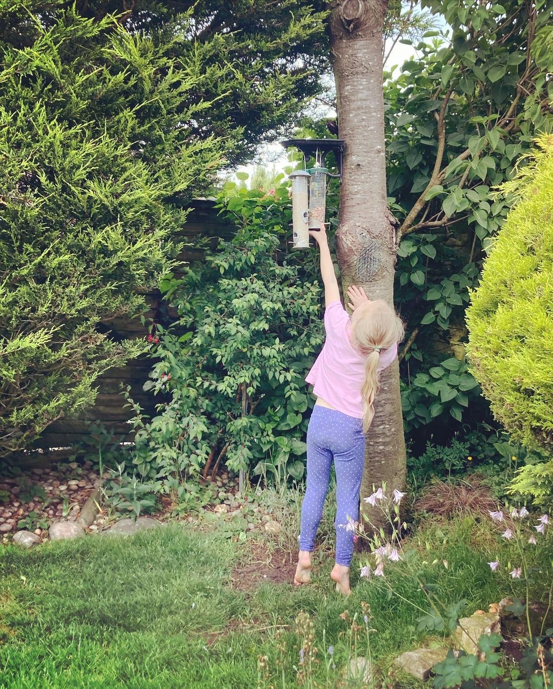 Child reaching for outdoor bird feeder. Photo by Instagram user @thebarenecessitoys
