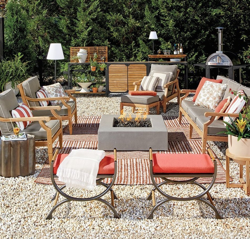 square fire pit with stripe rug