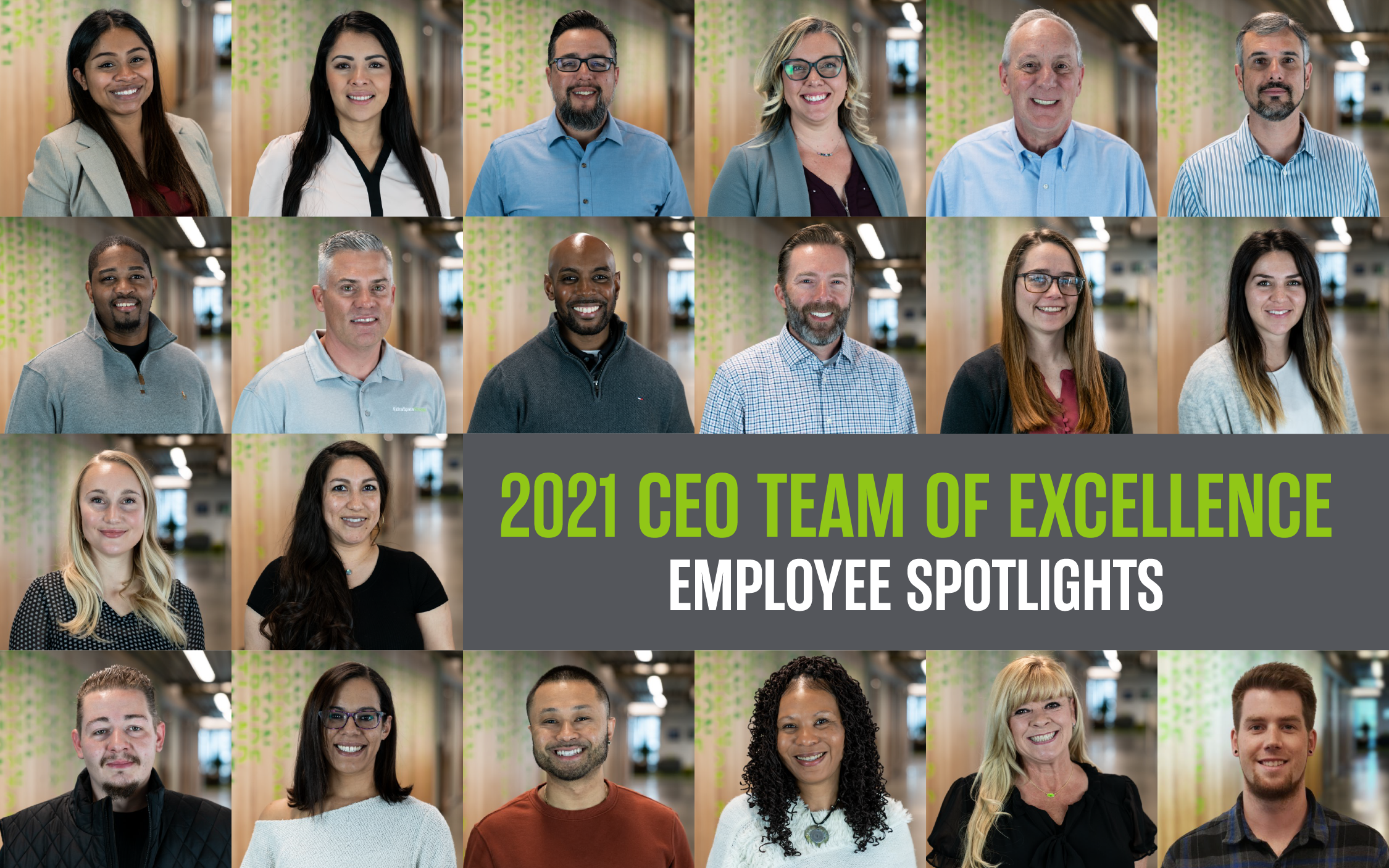 2021 CEO Team of Excellence Employee Spotlights with 20 headshots of CEO's of Extra Space Storage