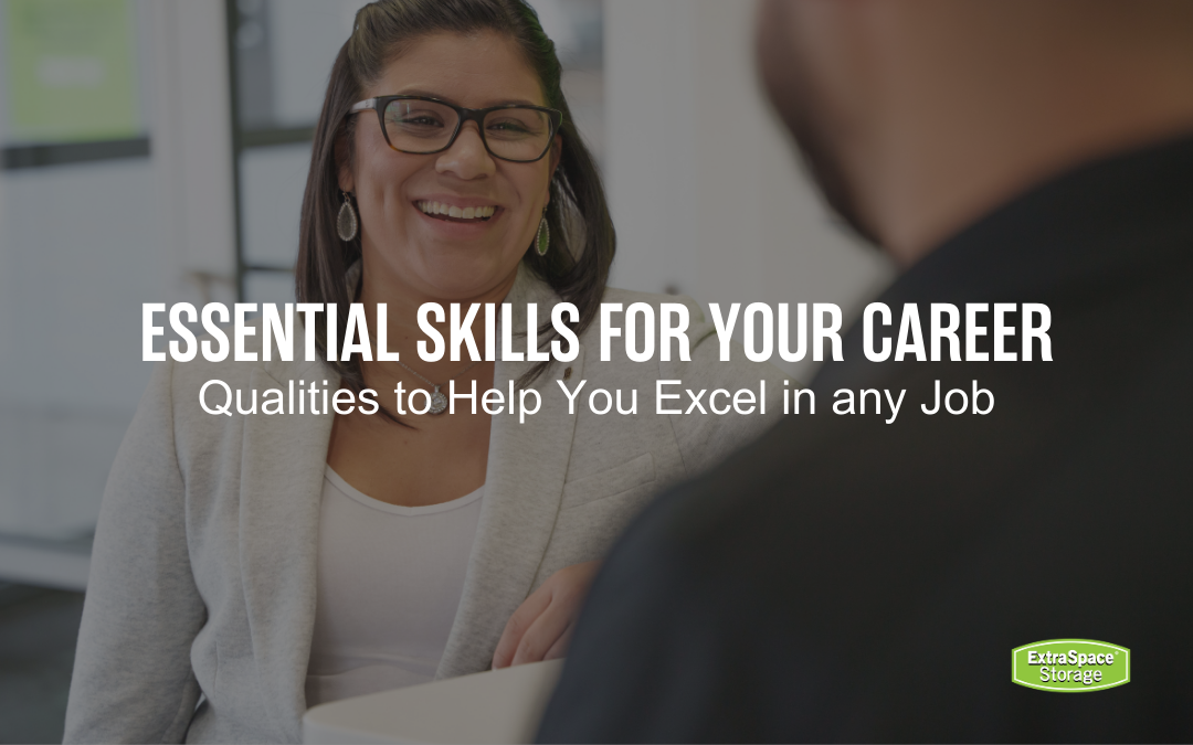 Woman smiling at interviewer while seated with a gray overlay and text that reads "Essential Skills For Your Career: Qualities to Help You Excel in Any Job"