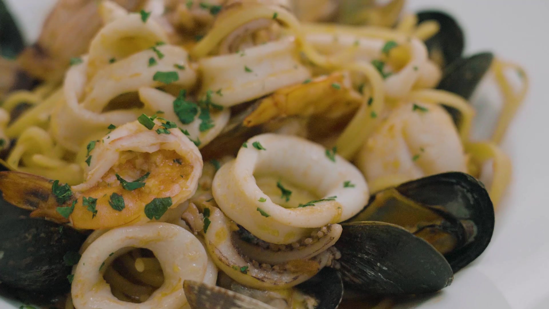 Closeup of seafood pasta from Extra Space Storage's Local Places & Extraordinary Spaces video series
