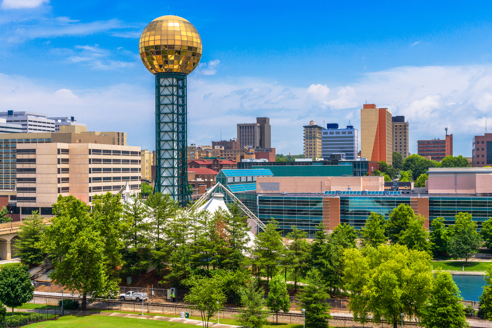The Sunsphere in tree-studded World’s Fair Park in downtown Knoxville Tennessee