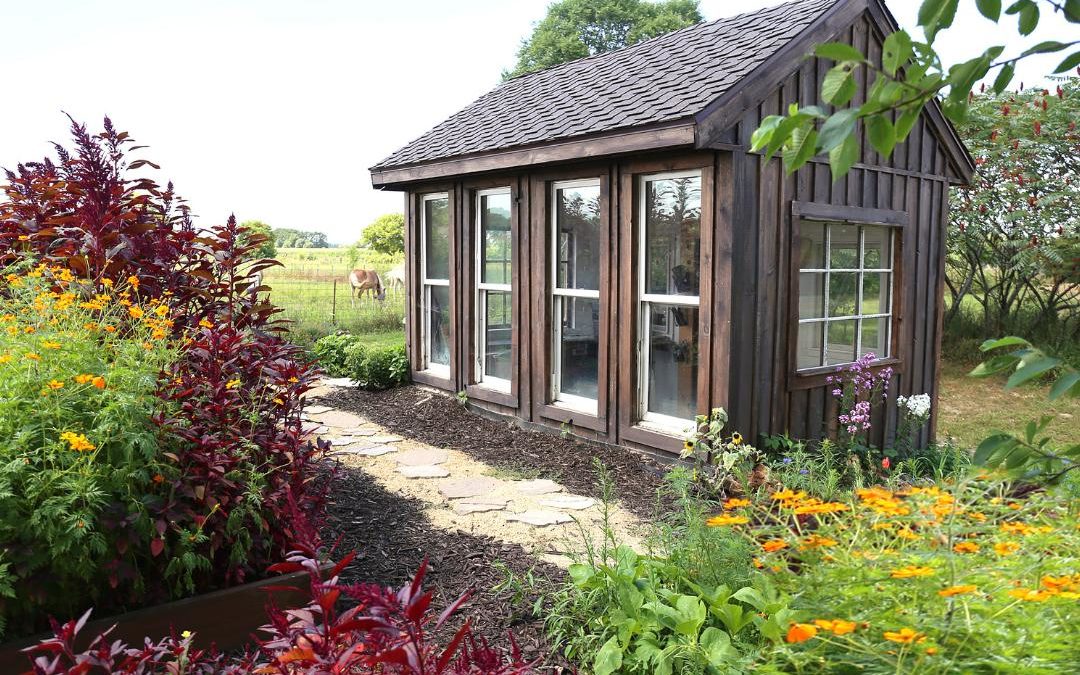 An outdoor storage shed with windows near lush landscaping