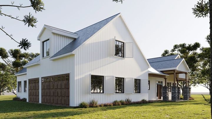 White farmhouse Shouse with brown garage doors. Photo by Instagram user @back_forty_buildings