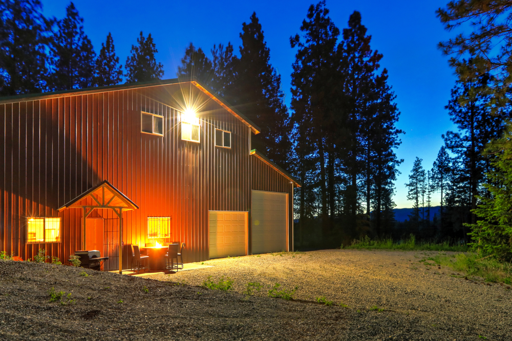 Front entrance to large metal shop and barn building