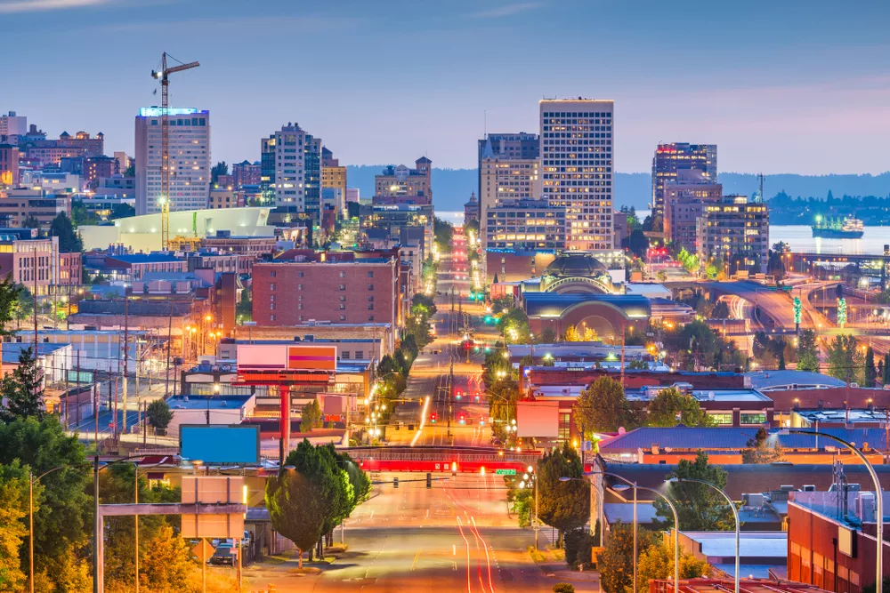 Aerial view of Tacoma, Washington city scape at sunset