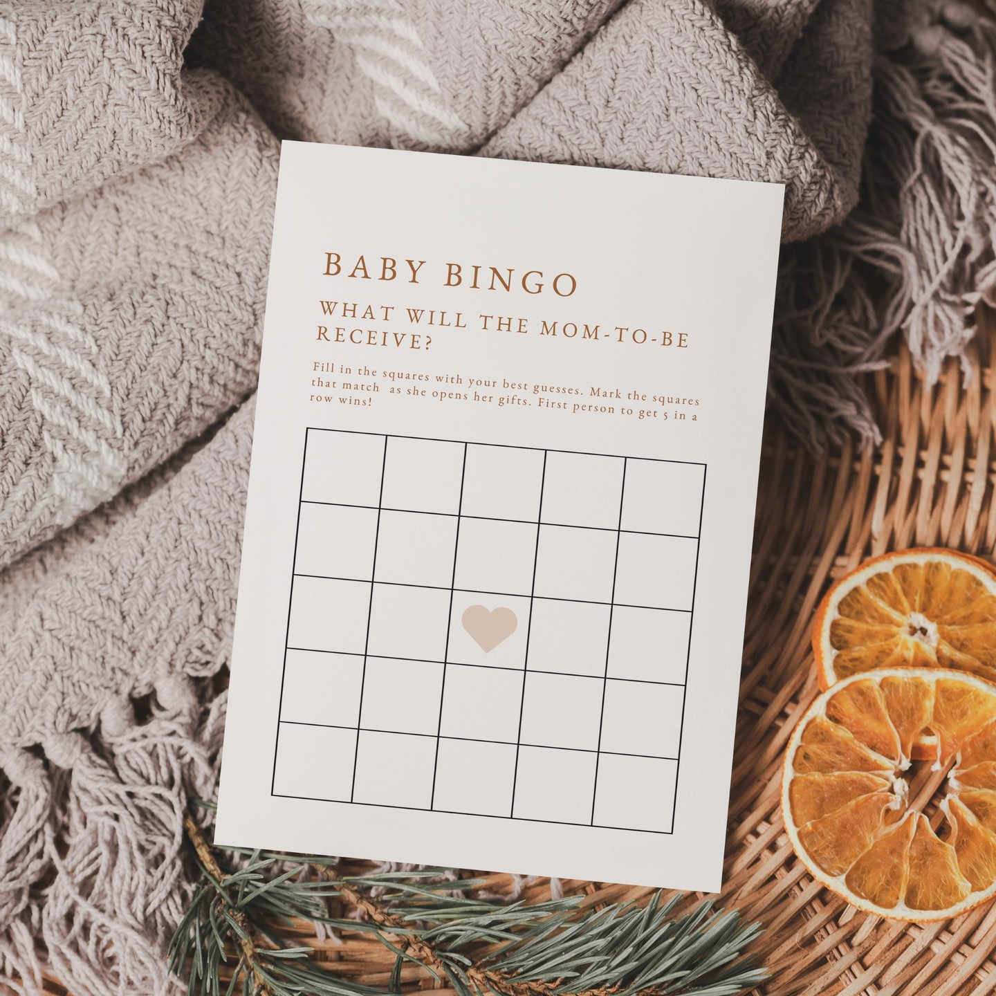 A blank baby bingo sheet is pictured. Photo by Instagram user @seasaltpaperieshop.