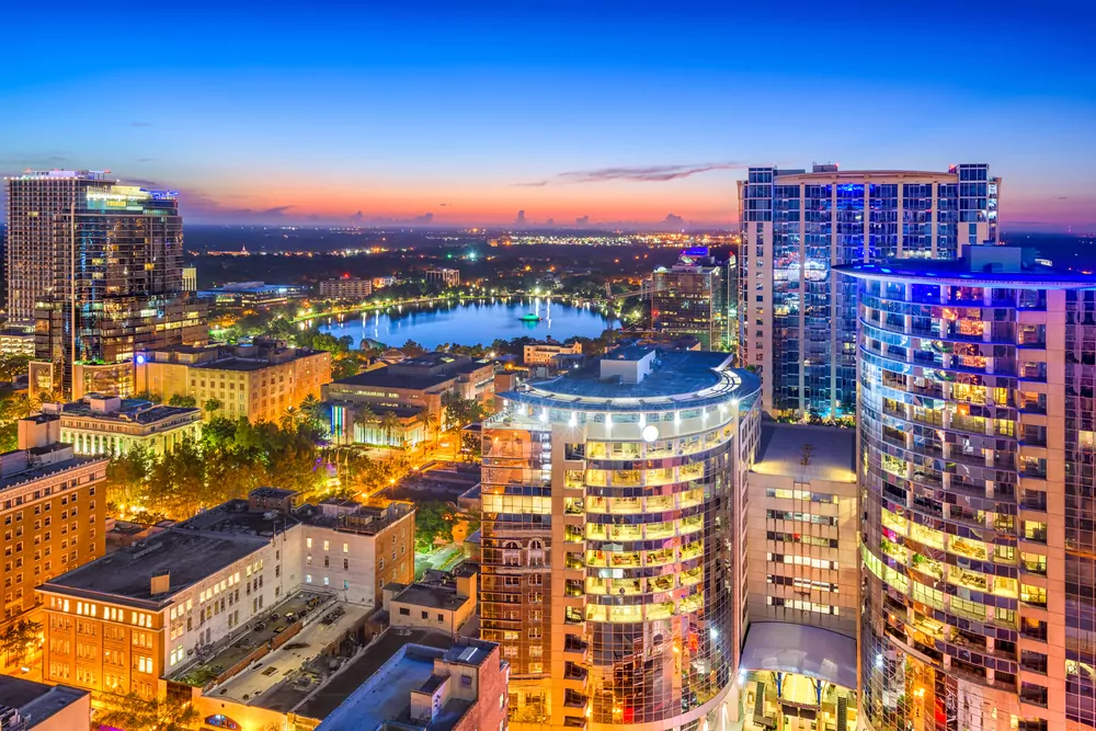 Aerial view of Orlando, Florida city scape at sunset
