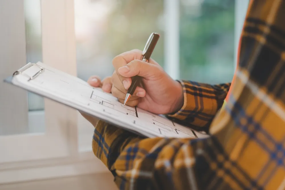 A person with a clipboard for an apartment inspection.