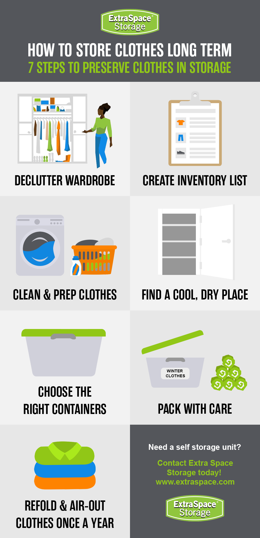 Infographic titled 'How to Store Clothes Long Term' with 7 steps: declutter wardrobe, create an inventory, clean and prep clothes, find a cool, dry place, choose containers, pack with care, and refold yearly. Includes icons for each step and a call to action to contact Extra Space Storage.