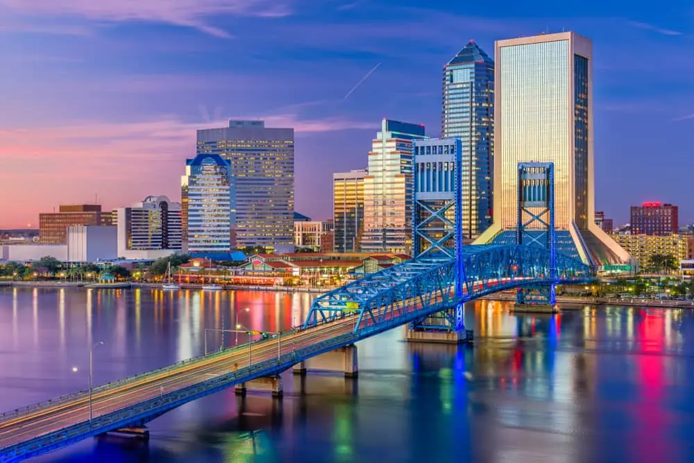 View of downtown area of the city of Jacksonville at sunset
