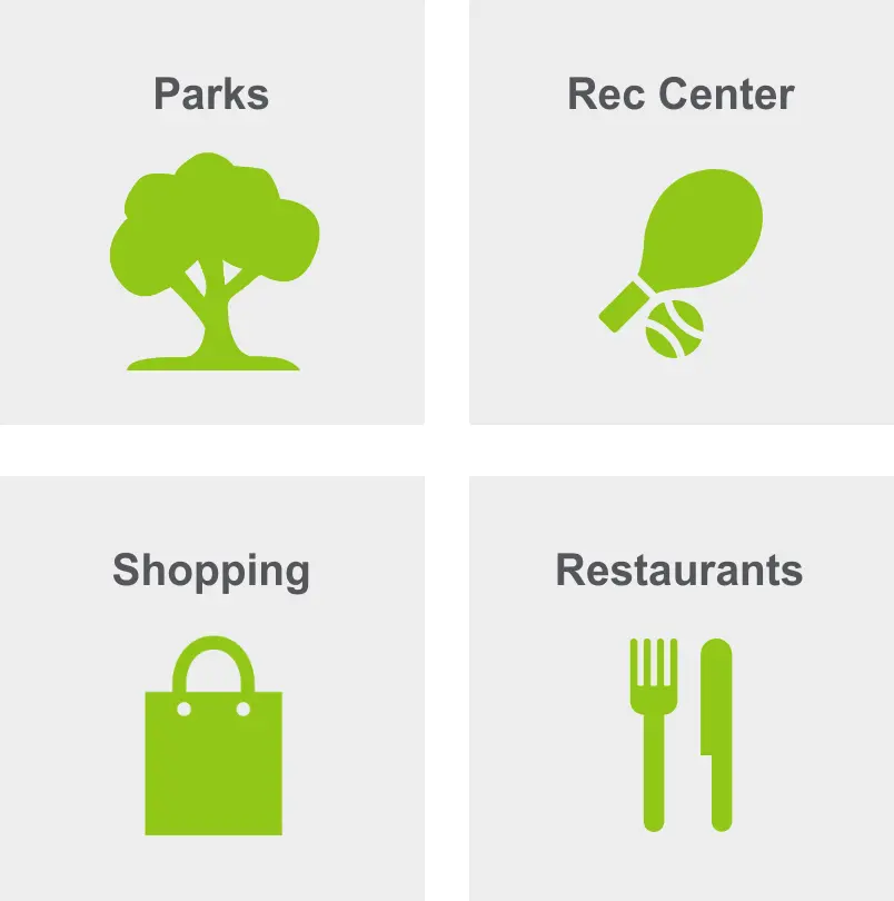 Activities in Eastside include parks, a recreation center, shopping, and restaurants. 
