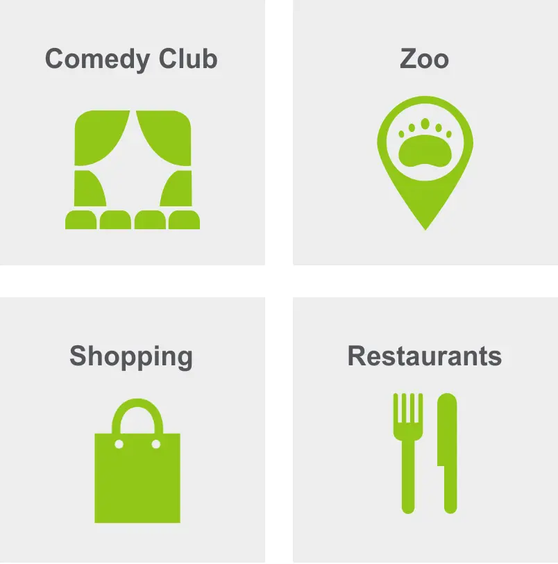Activities in West Grand includes a comedy club, zoo, shopping, and restaurants.