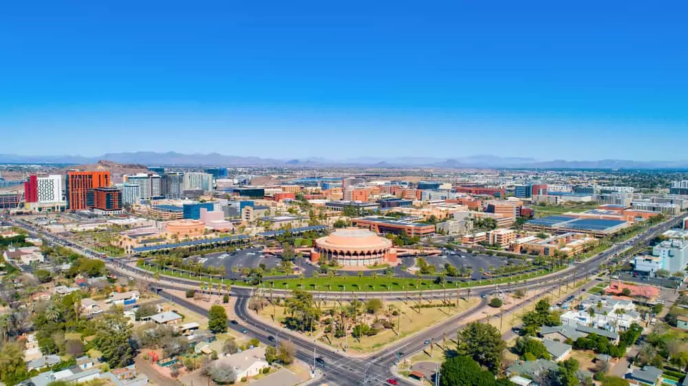 Aeriel view of Tempe, AZ. Featured Image for Best Neighborhoods in Tempe for Families.