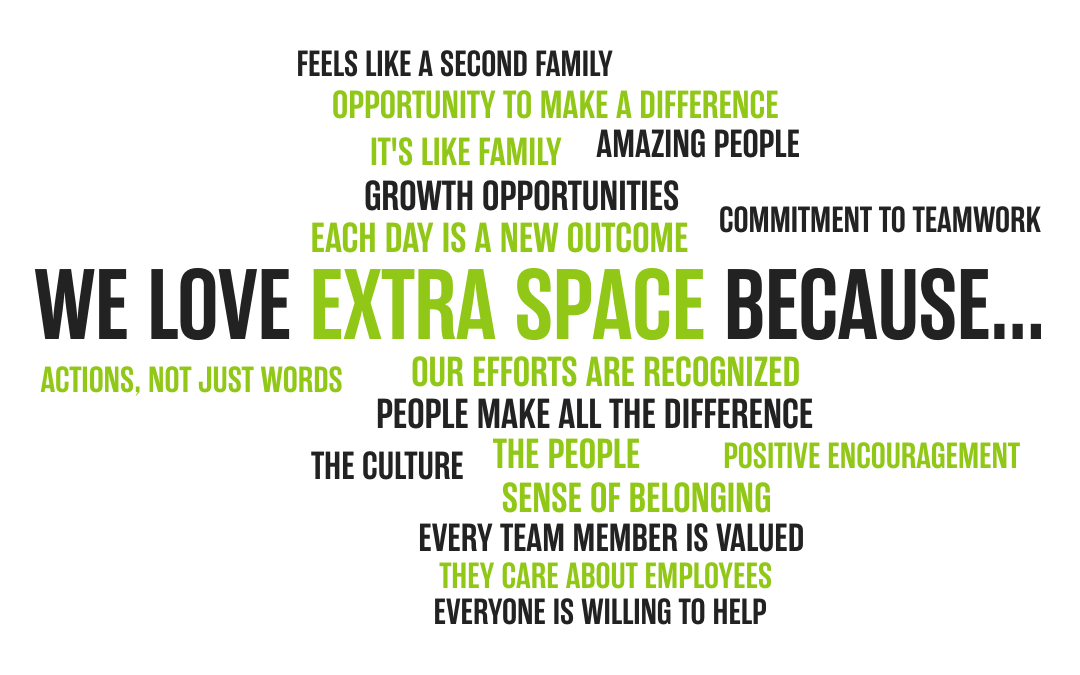 Word Cloud with quotes from Extra Space Storage employees on why they love their job.
