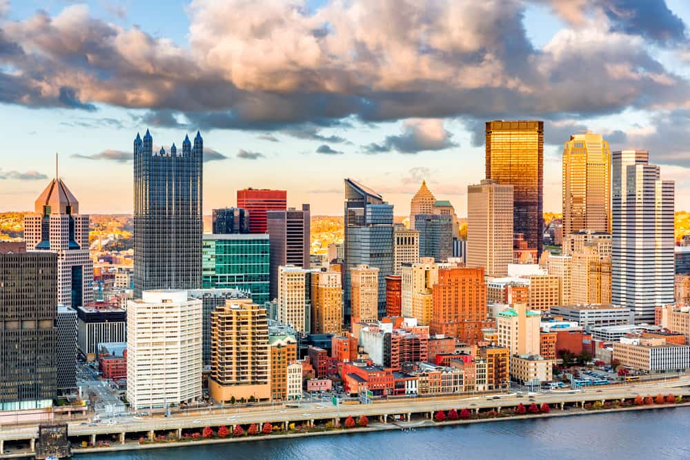 A skyline of many buildings in downtown Pittsburgh.