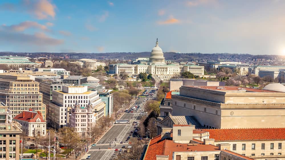 A skyline view of Washington, DC with a ton of buildings.