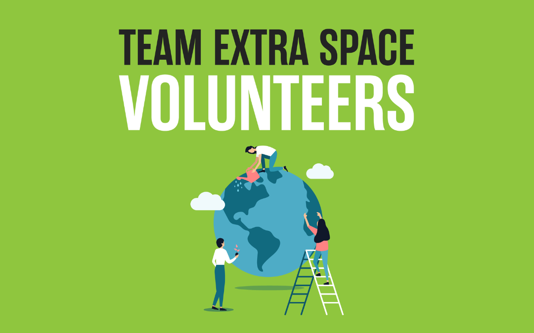 Green graphic with three people climbing on the globe with text "Team Extra Space Volunteers" floating above