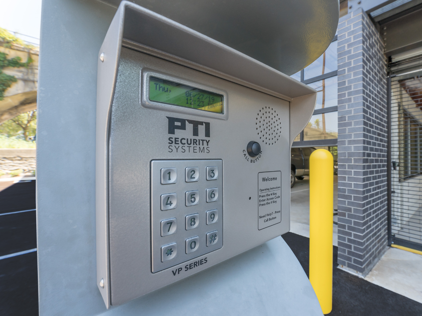 A security keypad is pictured outside of an Extra Space Storage facility.