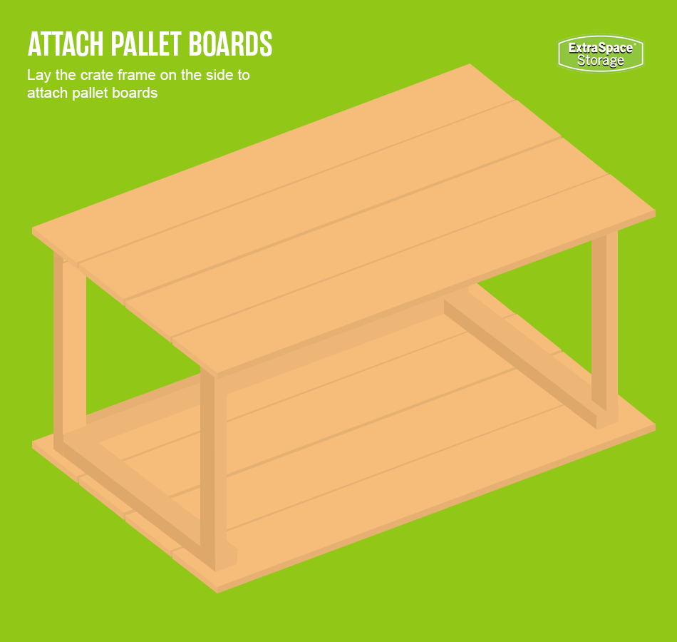 Illustrated graphic showing the sides being attached to the crate frame.