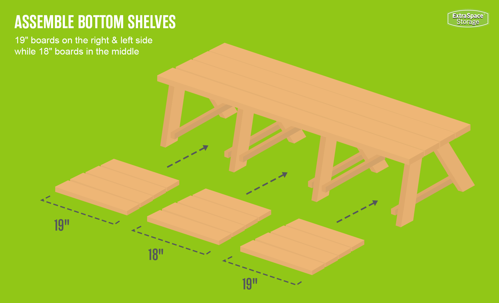 illustrated graphic showing the shelves being put onto the bench