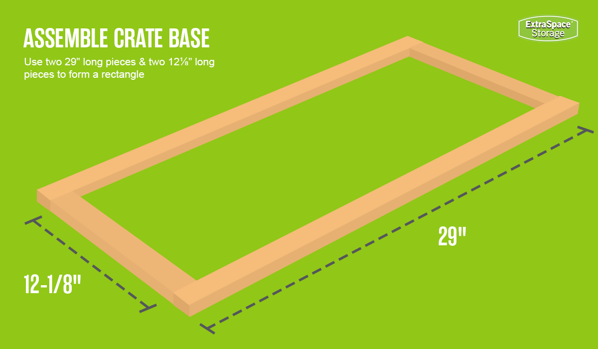 Illustrated graphic showing measurements of the crate base