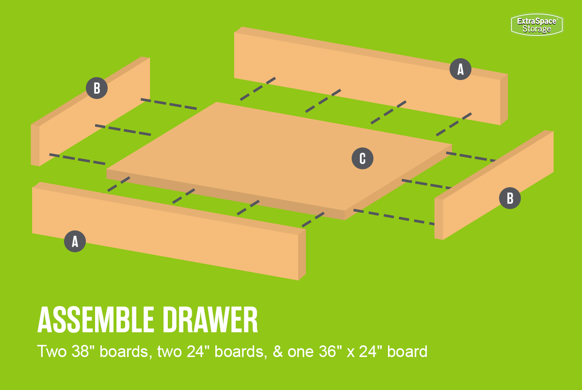 An infographic showing the direction on which to attach wood boards to make the DIY Wood Dresser Drawer for underneath the bed.