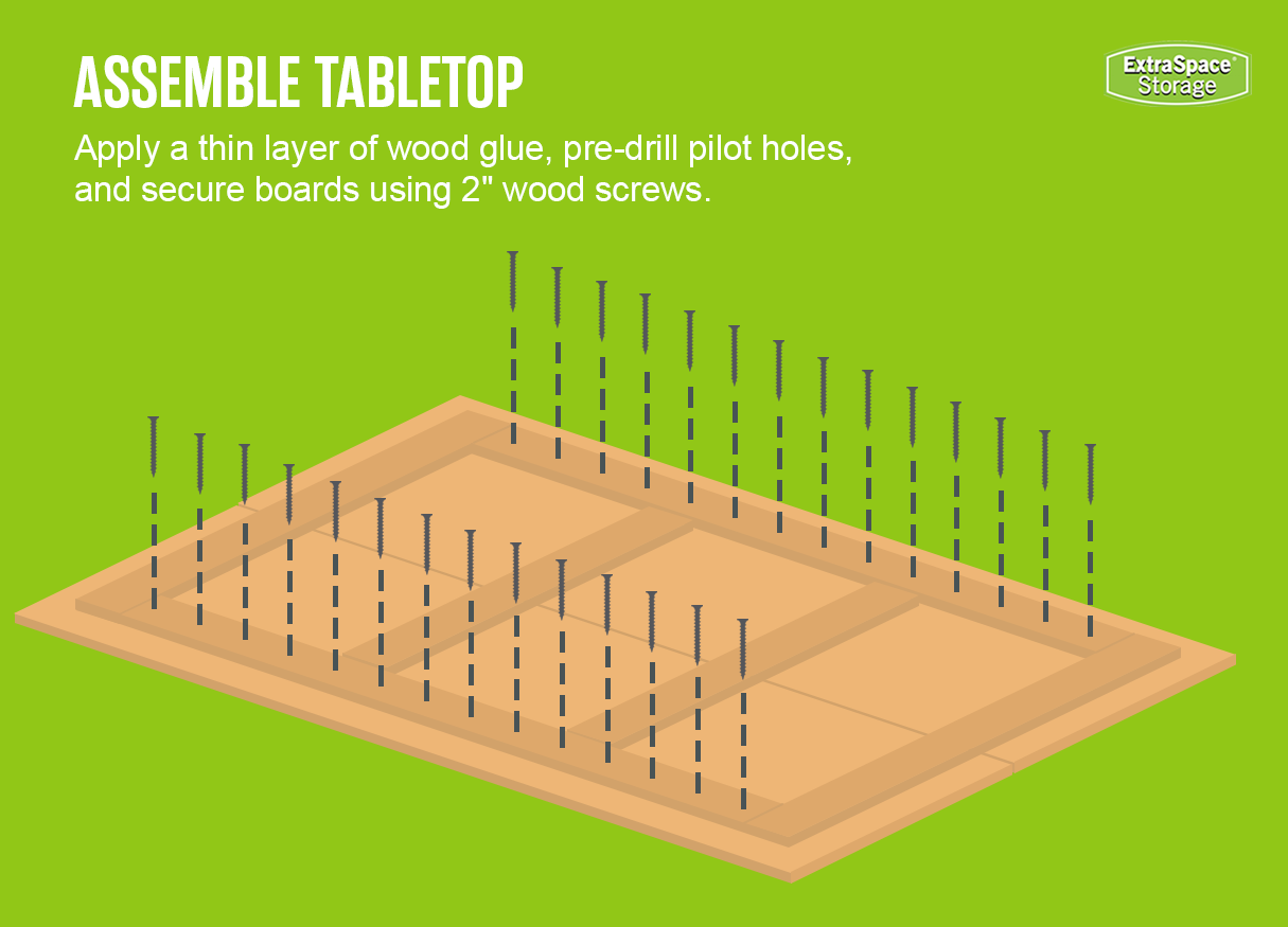 Illustration of a tabletop assembly on a green background, showing screws being installed. Dashed lines indicate where to drill pilot holes and place 2-inch wood screws to secure the boards. White text at the top reads 'ASSEMBLE TABLETOP' with instructions to apply wood glue, pre-drill pilot holes, and use screws to fasten the boards.