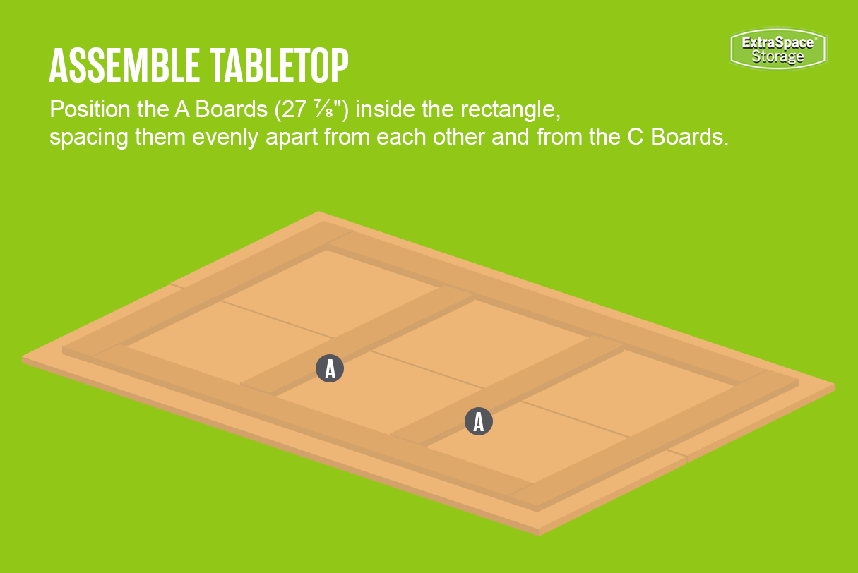 Illustration of a tabletop assembly with labeled wood boards on a green background. Two 'A' boards (27 ⅞ inches) are positioned inside the rectangular frame, spaced evenly apart from each other and from the 'C' boards along the edges. White text at the top reads 'ASSEMBLE TABLETOP' with instructions detailing the placement of the A boards.