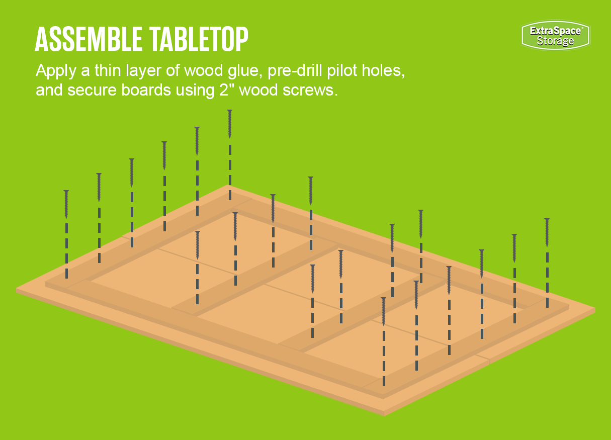 Illustration of a tabletop assembly on a green background, showing screws being installed. Dashed lines indicate where to drill pilot holes and place 2-inch wood screws to secure the boards. White text at the top reads 'ASSEMBLE TABLETOP' with instructions to apply wood glue, pre-drill pilot holes, and use screws to fasten the boards.