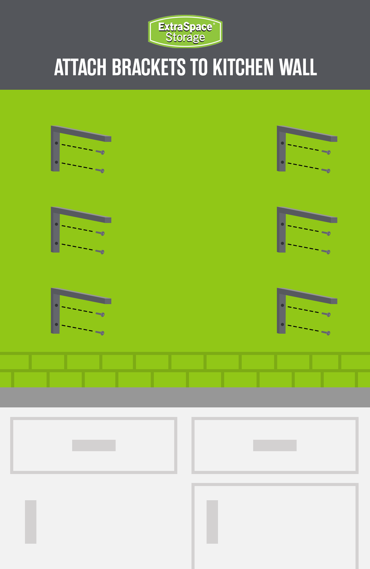 An illustrated graphic showing kitchen shelf brackets being attached to the wall. 