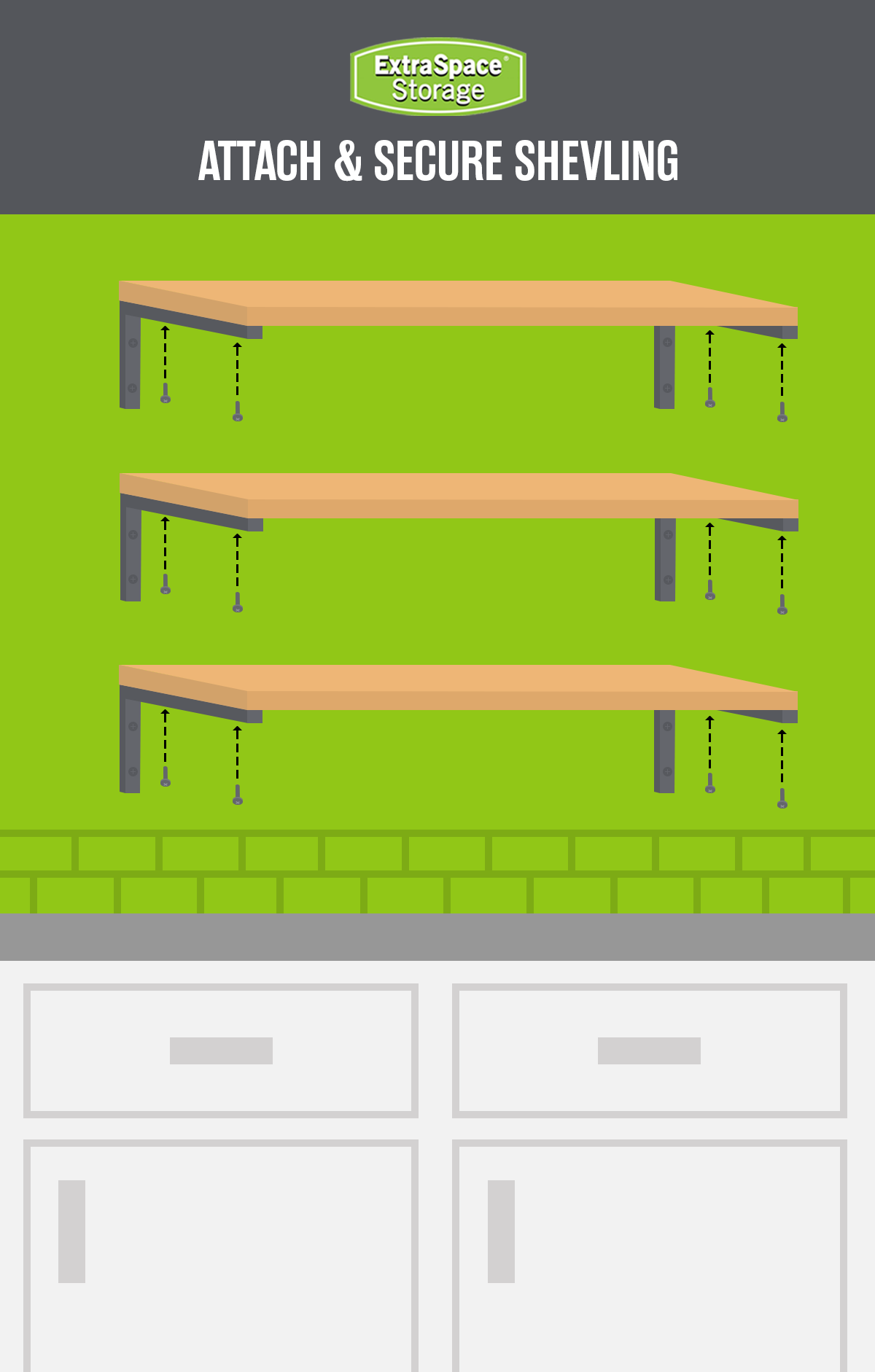 An illustrated graphic of kitchen shelves being secured. 