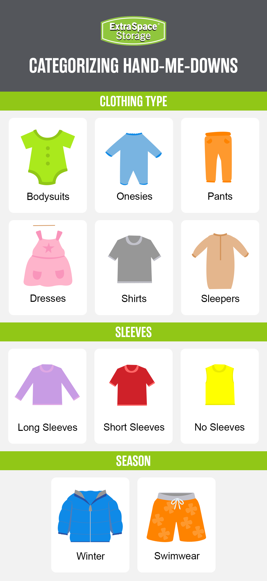 Categorize hand me down clothes by clothing type. 
