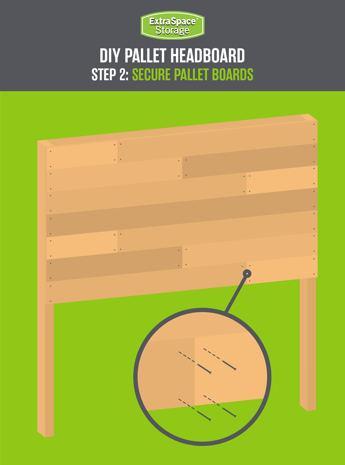 A graphic showing how to secure pallet boards as part of the process of building a DIY pallet headboard.