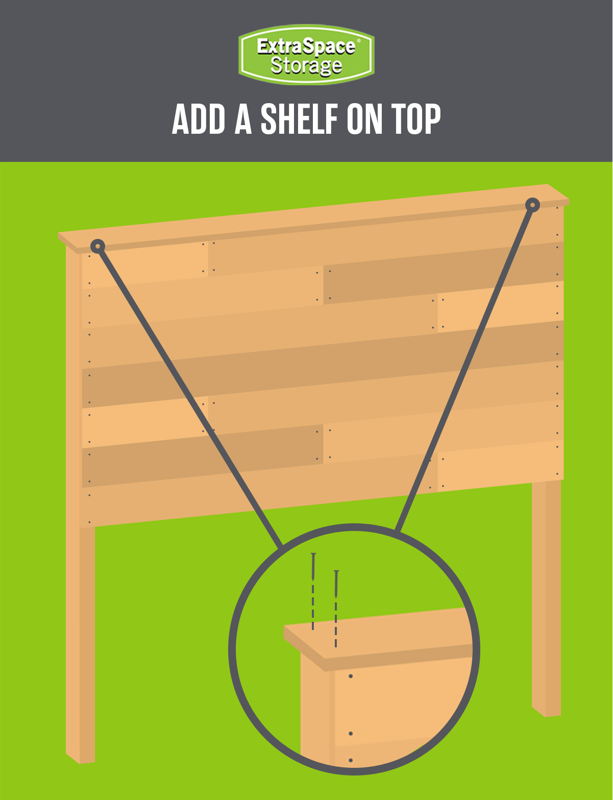 An infographic showing an optional step of adding a headboard to a DIY Pallet Headboard. There is a zoomed in portion of the graphic showing where to secure the headboard with screws.