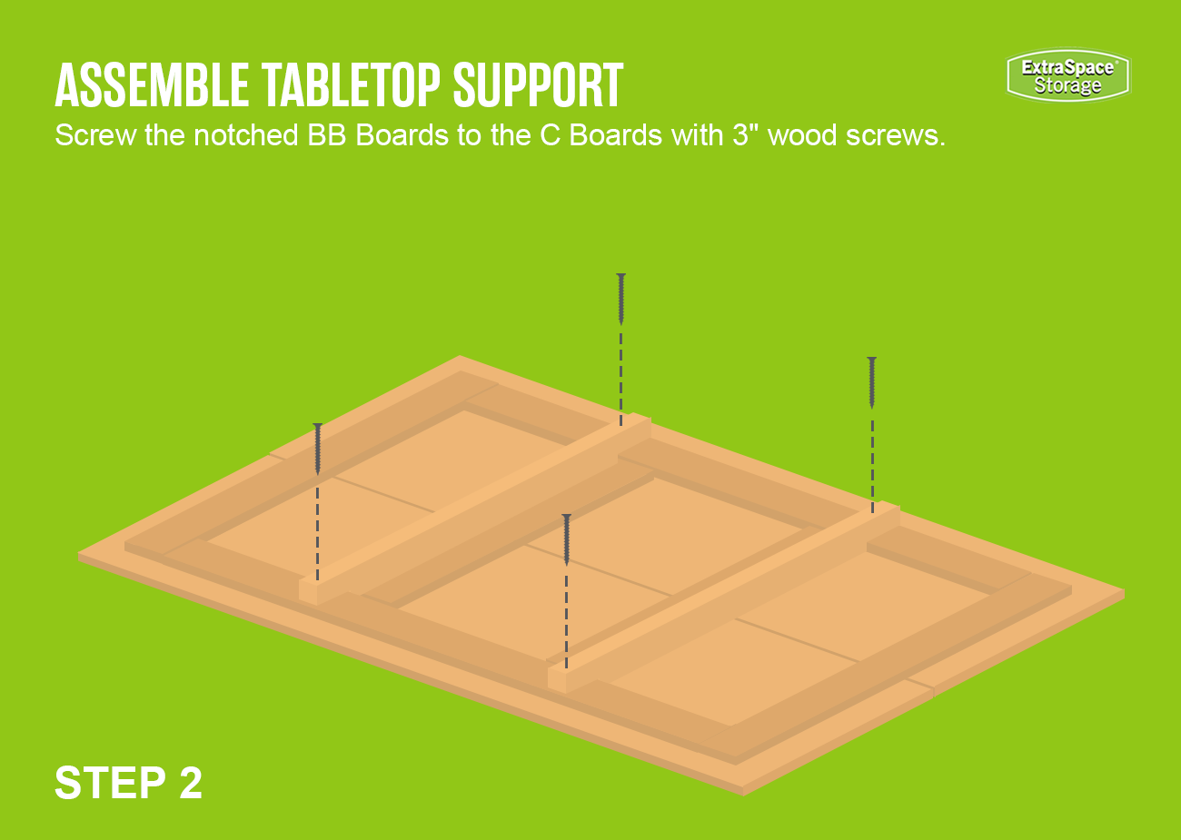 Illustration of a tabletop support assembly on a green background. The notched 'BB' boards are being secured to the 'C' boards using 3-inch wood screws, with dashed lines indicating screw placement. White text at the top reads 'ASSEMBLE TABLETOP SUPPORT' with instructions for fastening the BB boards to the C boards