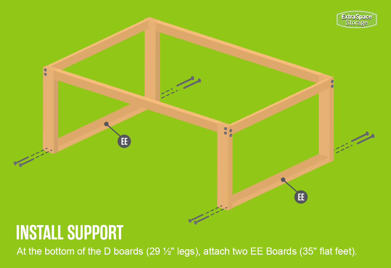 Illustration of a table frame assembly on a green background. Two 'EE' boards (35-inch flat feet) are attached at the bottom of the four 'D' boards (29 ½-inch legs) for support. Dashed lines indicate screw placement. White text at the bottom reads 'INSTALL SUPPORT' with instructions for securing the EE boards.