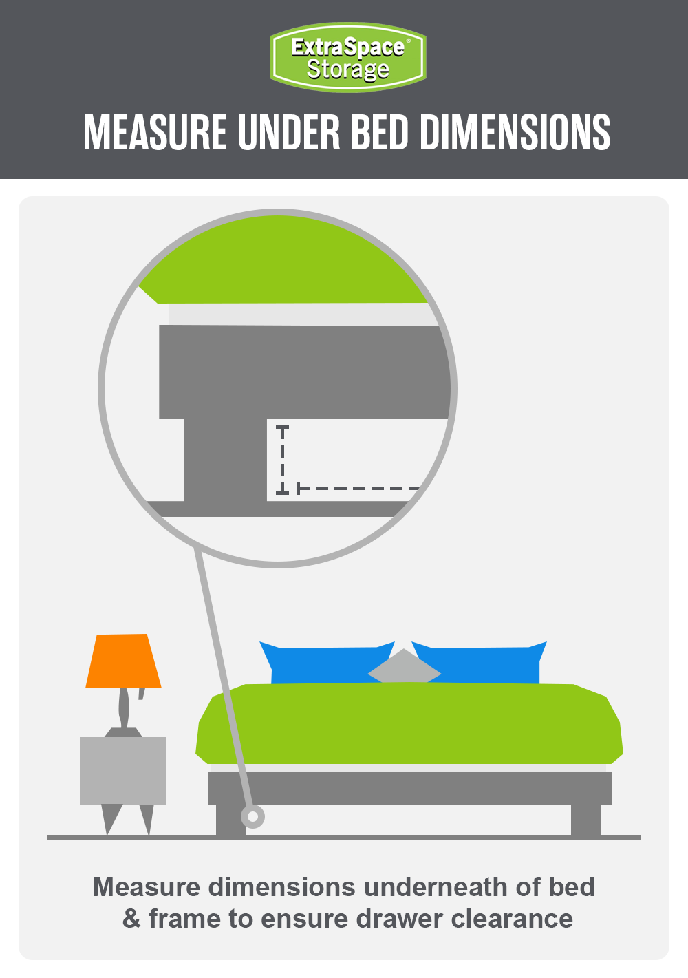 An infographic showing that you need to measure the dimensions of underneath your bed to ensure drawer clearance.
