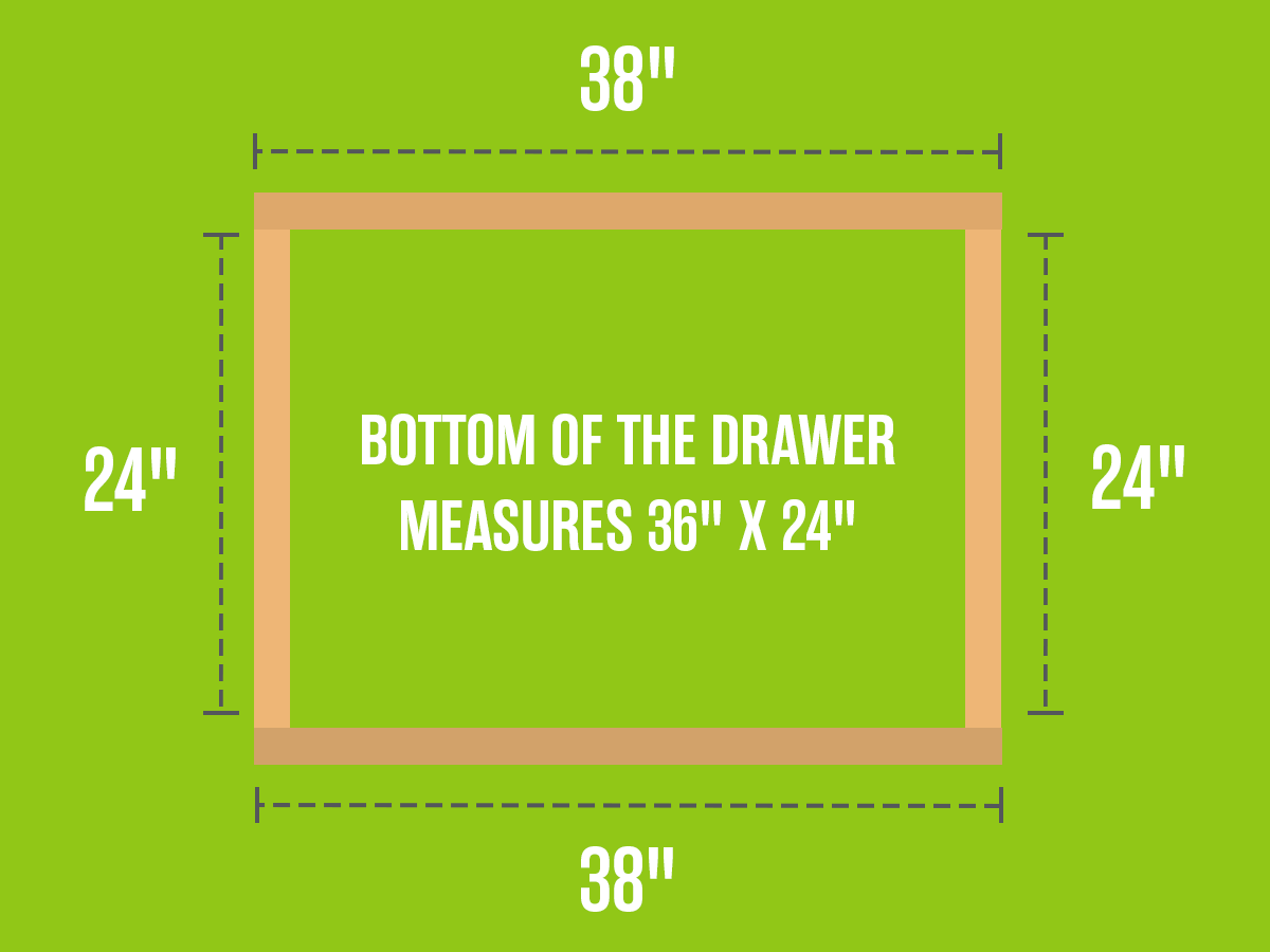 An infographic showing the dimensions of the under bed drawer.