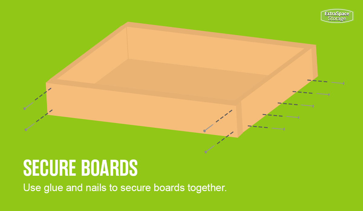 An infographic showing where to place screws along the under bed drawer and how to use glue to secure the storage box.
